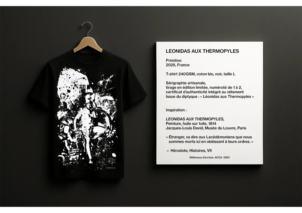 LEONIDAS AUX THERMOPYLES 1/2 : T-shirt et cartel sur le mur du musée