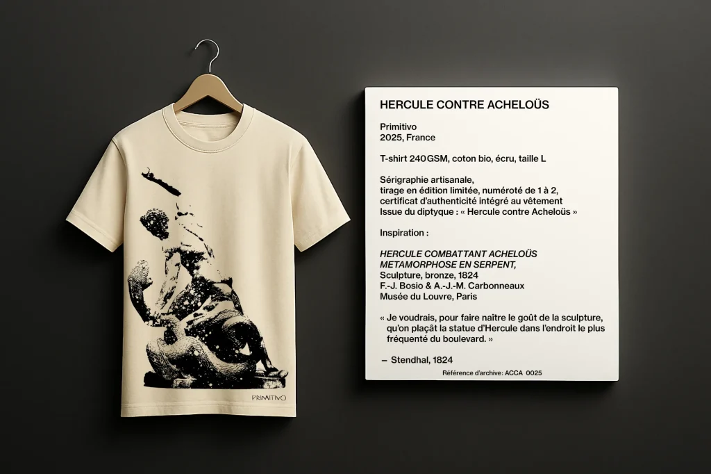 HERCULE CONTRE ACHELOÜS 1/2 : T-shirt et cartel sur le mur du musée